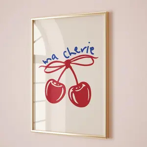 red bow cherry poster, ma cherie coquette wall art ribbon sandy liang bow art print inspired apartment decor trendy coquette room aesthetic