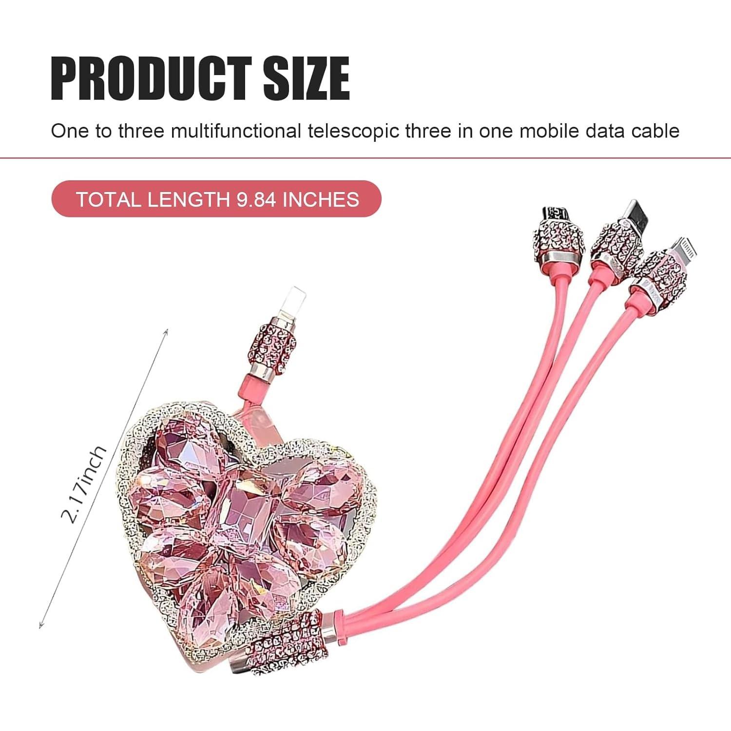 Cute Sparkly Charging Cable 3-in-1 Heart Crystal Rhinestone Aesthetic Fast Charge Car Decoration Phone Accessory TikTok Gift for Girls