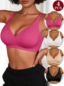 4 Pack No Underwire Deep V Bra, Comfortable Push-Up, Essential for Sporty Women Daily Fitness, Perfect for Everyday Wear