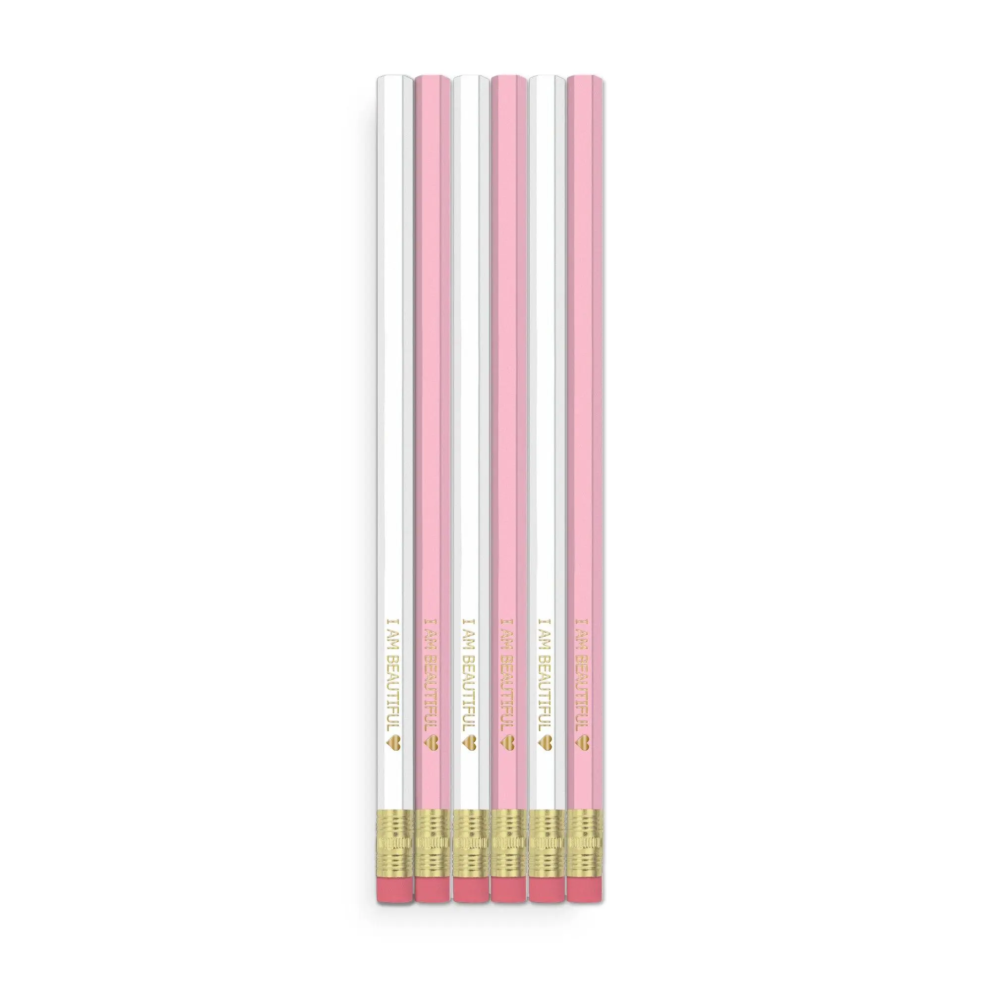 Pink and White Affirmation Pencils - Set of 6 with Pink Pens and Gold Band
