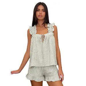 2Pcs Pajamas Sets for Women Summer Sleeveless Square Neck Solid Color/Plaid Print Vest Tops and Elastic Waist Shorts