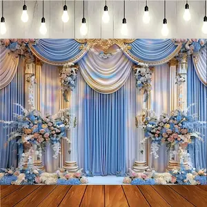 Opulent 2D Printed Formal Event Backdrop with Soft Blue Tones, Golden Accents & Abundant Flowers - Ideal for Wedding Parties, Home Accent & Gift Giving