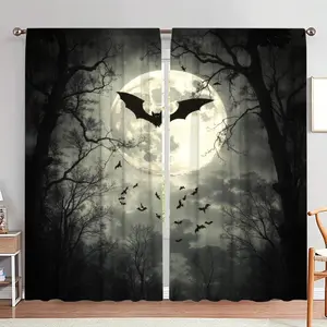 Halloween Themed Bat & Full Moon Pattern Door Curtain, 1 Set Scary Bat Pattern Door Curtain, Home Decor for Living Room Bedroom, Window Curtain