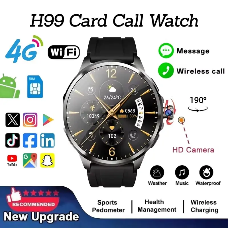 2026 H99 Trendy Multifunctional Men's Wristwatch - 1.95'' AMOLED 4G SIM Slot Device, 190° Pull-Out Camera, Global Calls, GPS Tracking, WIFI, Google Play Support, Sports Wearable Tech with Batteries, Messaging Capability