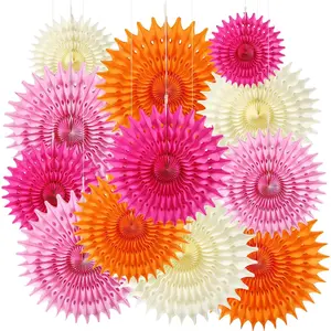 12PCS Paper Fans Hot Pink and Orange Party Decorations Tissue Paper Flowers for Girl Groovy Birthday Baby Shower Wedding Bachelorette Room Wall Hanging Décor