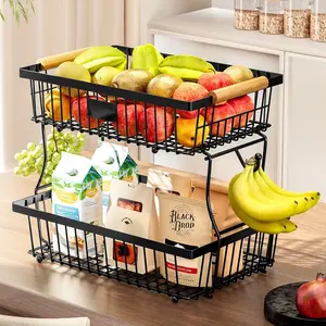 Double Layer Detachable Fruit Storage Rack for Kitchen and Living Room, Wooden Handle Portable Vegetable Fruit Basket with Tray, Removable Basket