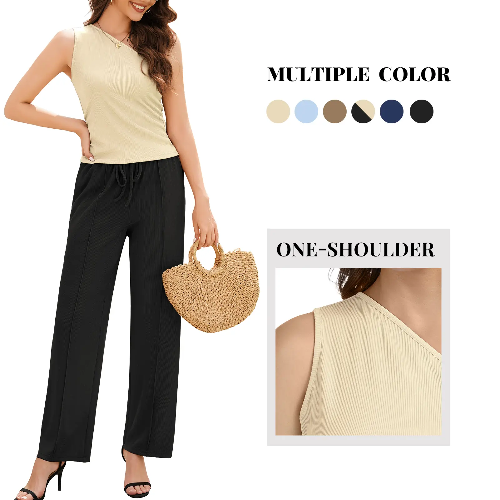Women's Soft Ribbed Knit Elastane 2-Piece Set - 1-Shoulder Top, Wide Leg Trouser, Lady's Lightweight Low Iron Basics, Elegant Summer Casual & Home Loungewear, Fabric, Crew Neck, Xs, T-Shirt, Pants, Polyester Blend, Clothes, One-Shoulder Cut