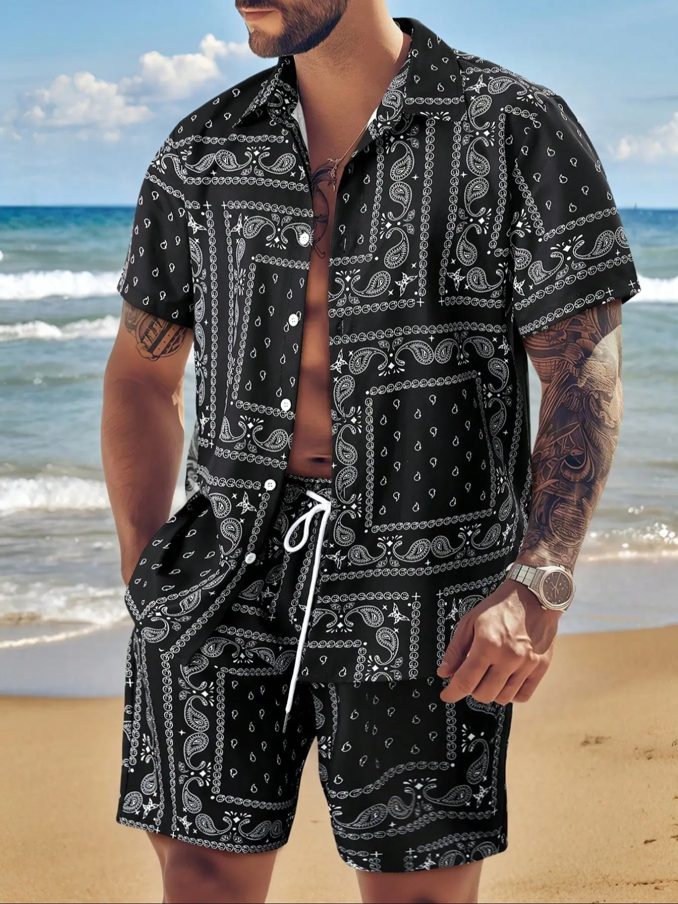 Men's two-piece paisley print short-sleeved Fitted shirt and shorts, single-breasted, with elastic waistband and pockets, Tropical, Menswear, Clothes