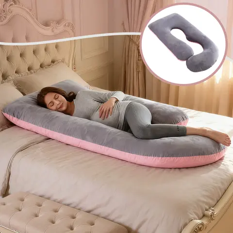 Women's Ergonomic J-Shaped Multi-Functional Maternity Pillow - Skin-Friendly Solid Polyester-Cotton Full-Body Sleeping Support Pillow for Discomfort Relief, Nursing Use, Hand Wash Only