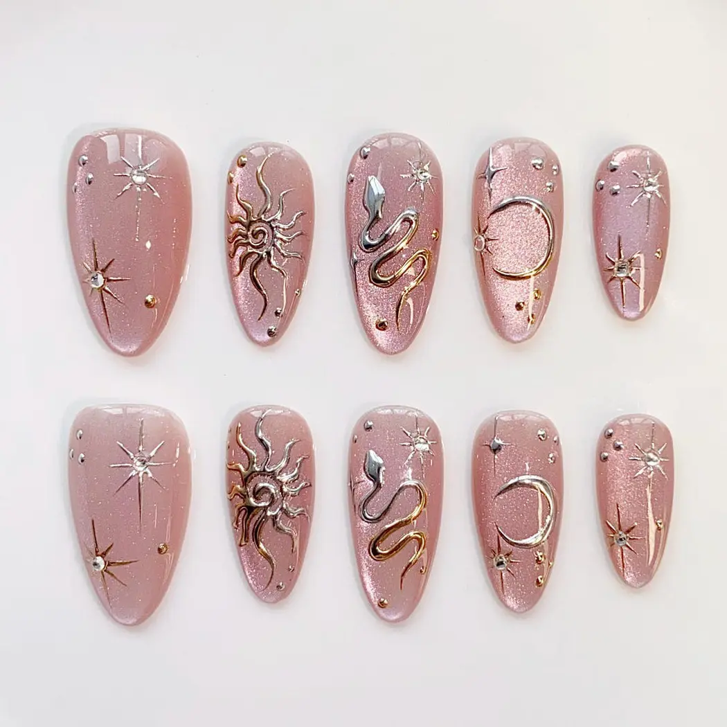 Cat Eye Elegant Pink nails/Sun Star Nails Pink Press on nails short almond nails Long/silver 3d chrome nails/snake nails/birthday nails