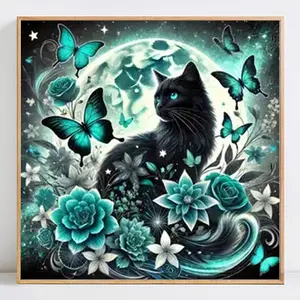 Cat Butterfly Flower 5D DIY Diamond Painting Kit, No Frame, Complete Set with Tools, Full Round Drill Mosaic Art for Home Decoration
