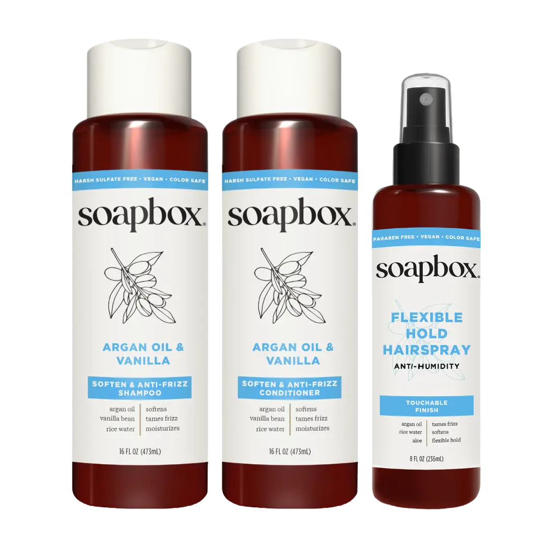 Soapbox Argan Oil & Vanilla Anti-Frizz Haircare Essentials Bundle - Shampoo, Conditioner & Hairspray Set - Rice Water & 5X Vitamin Complex for Smooth, Frizz-Free Hair - Sulfate & Paraben-Free, Vegan