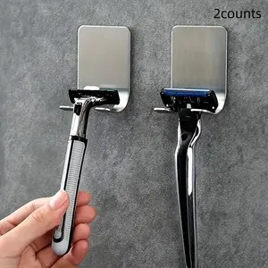 2 Pack No-Drill Shaving Razor Holder Rack, Men's Bathroom Wall-Mounted Hook Organizer, Essential Bath Accessories for Grooming Essentials, Bathroom Organizing Accessories