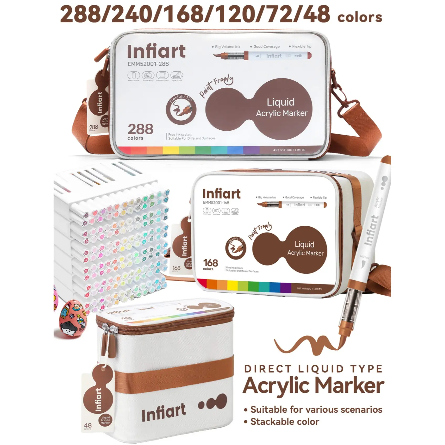 48/72/120/168/240/288 Colors Acrylic Paint Markers, Soft Brush Tip, Marker Bag Included, Ideal for DIY Crafts, Art Supplies