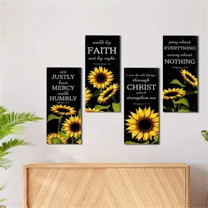 Four-piece yellow sunflower wooden plaque, featuring plant elements, with a rural style. Suitable for use in living room, bedroom, kitchen, dining room, study, bathroom, staircase wall hanging - versatile holiday decoration for Easter and Ramadan