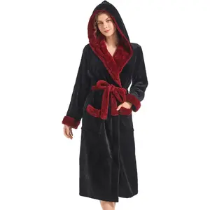 Women Hooded Plush Robe, Fleece Highly Absorbent Cozy Warm Bathrobe