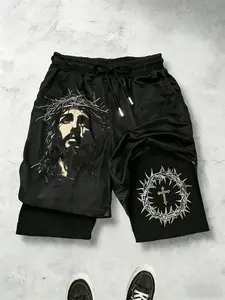 Men's Letter and Cross Print Drawstring Waist Double Layer Shorts, Outdoor Workout Shorts, Casual Sports Fit Gym Jesus Print, Fitted Design, Graphic Print Shorts, Fitness Shorts