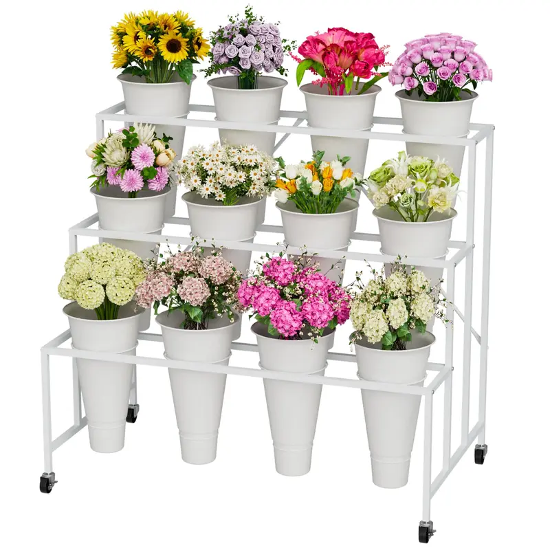3-Tier White Iron Anti-Rust Metal Garden Planter Cart - 39.37" l x 22.44" w x 35.63" h, 12 Flower Bucket Bases, Wheels, Flower Pots, Elevated Planting Boxes, High-Capacity Vertical Space-Saving Stable Durable Indoor/Outdoor Display for Courtyard, Balcony