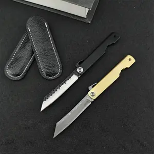 Higonokami Pocket Folding Knife Damascus Steel Blade Multi-purpose Tools Outdoor Camping Fruit Knives with PU Leather Sheath