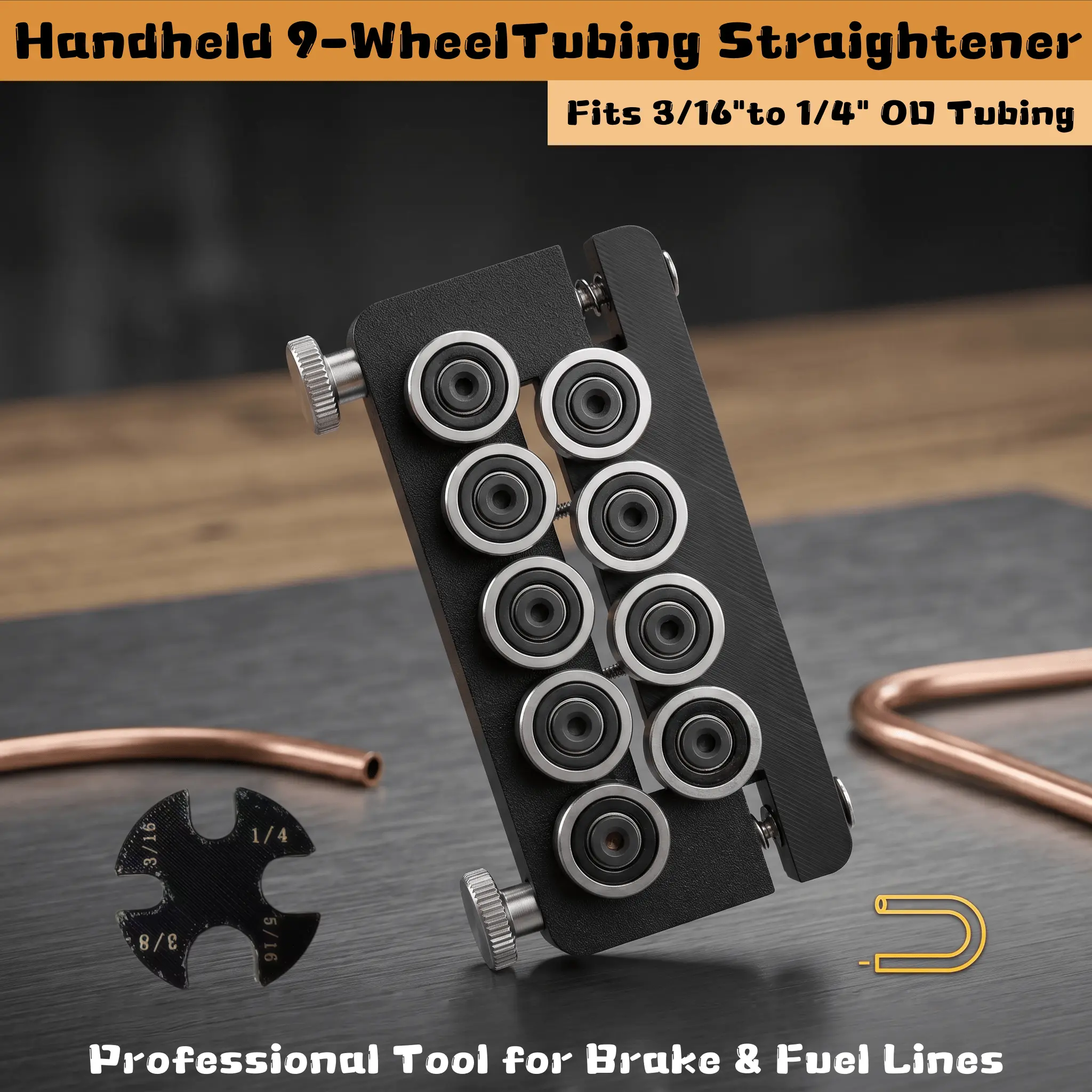 Handheld 9-WheelTubing Straightener, 3/16 or 1/4 Inch OD Tube Straightening Tool for Brake Line Fuel Line Copper/Aluminum/Steel Coils for Bent and Coiled Tubing-3/16" to 1/4" Diameter Tube