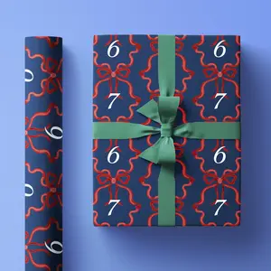 Funny 67 Meme Christmas Wrapping Paper Roll, Gift Wrap for Holidays with Blue Background and Cottagecore Bows, 6-7 Design