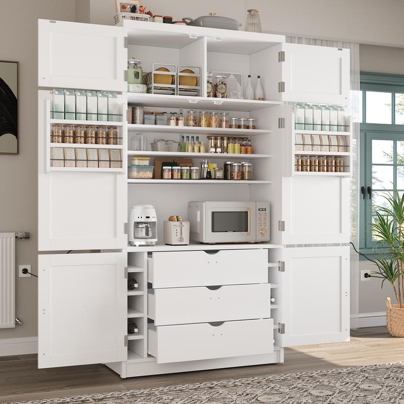 80" Tall Kitchen Pantry Cabinet with 2 Power Outlets, 41" W Modern Large Freestanding Cupboard with Microwave Stand, Drawers, Adjustable Shelves, Wine Racks & Door-Shelf for Dinner Room, White