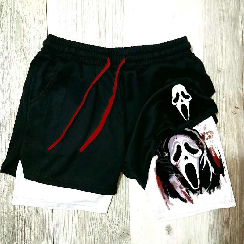 Ghost Face Iconic Horror Art Athletic Training Shorts - Polyester Fitted Double Layer Compression Shorts with Elastic Waist, Scream-Inspired Look for Running/Workout, Gym Use