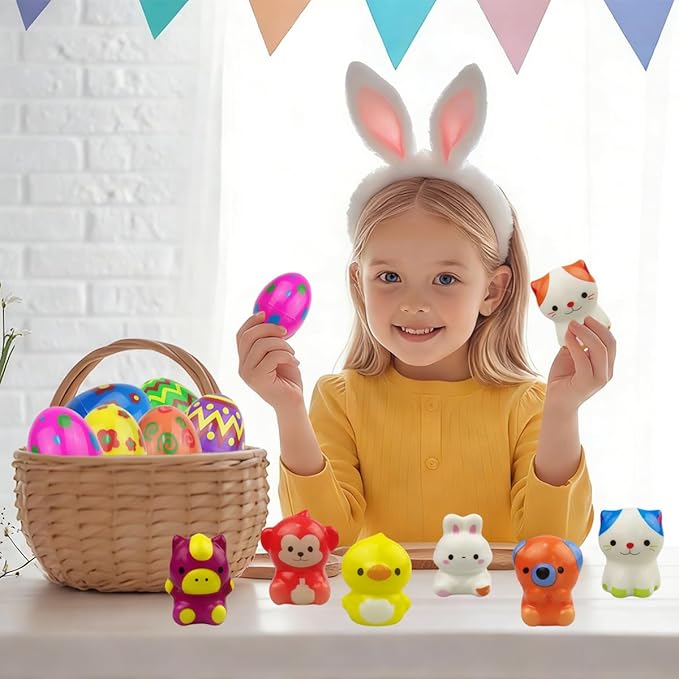 24 Pack Prefilled Easter Eggs with Squishy Animal Toys Inside – Slow Rising Mochi Squeeze Stress Relief Toys for Kids Boys & Girls, Easter Basket Stuffers, Egg Hunt , Party Favors, Classroom Gifts