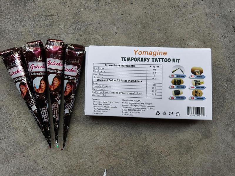 Temporary Tattoos Kit, 4Pcs Semi Permanent Tattoo Paste Cones, India Body DIY Art Painting for Women Men Teens,Summer Trend Freehand Plaste with 3 Colors,20Pcs Adhesive Stencil,1Pc Bottle,4Pcs Nozzles