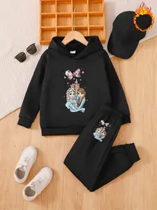 Girls' Trendy Cartoon Fall Winter Set, Elsa and Anna Princess Hoodie, Mickey Castle Design, Casual Fitted Pants, Windproof Gift