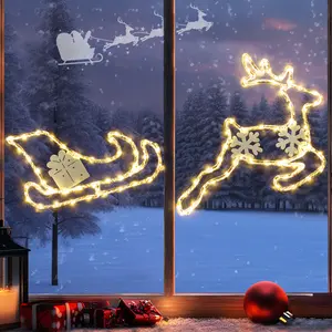 Christmas Window Lights, Reindeer and Sleigh 95 LEDs Window Decorations, Battery Operated Waterproof Lights, Outdoor Indoor Festive & Holiday Ornaments Warm White