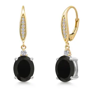 Gem Stone King 925 Silver and 10K Yellow Gold Black Onyx and Lab Grown Diamond Dangle Earrings for Women | 5.26 Cttw | Gemstone December Birthstone | Oval 10X8MM