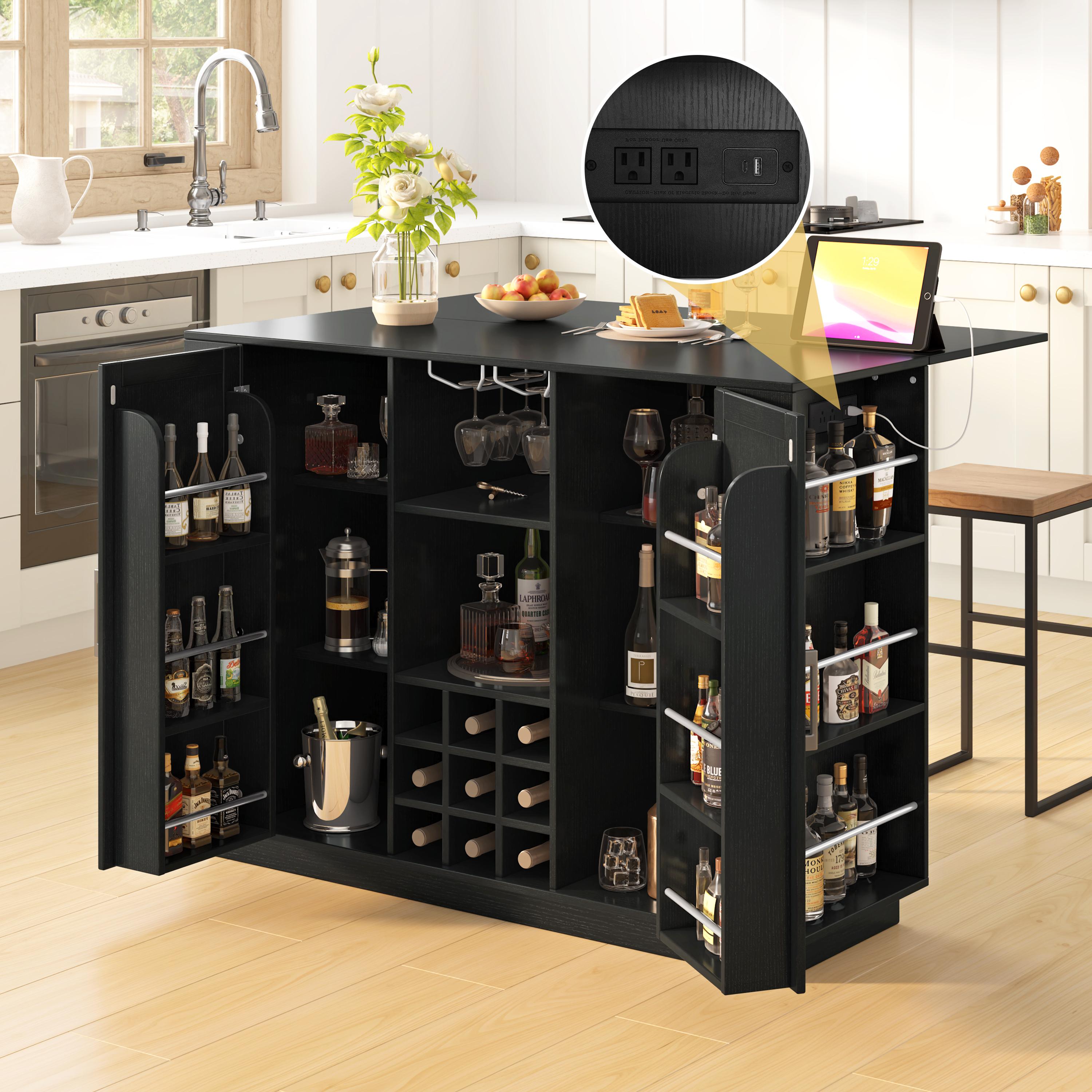47.2" Multi-functional Extendable Kitchen Island with Drop Leaf, Built-in Power Outlet, Home Coffee Bar Wine Cabinet with Bottle Rack & Glass Holder, 2-Door Buffet Sideboard with Open Side Storage Shelves, Water-resistant Easy Clean MDF, Space Saving