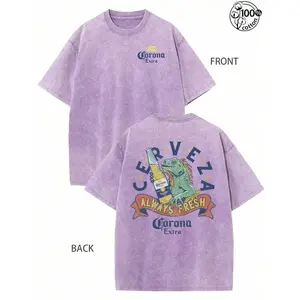 Graphic Tee Featuring Lizard Holding a Beer, "Corona Extra Always Fresh" Print, Retro Washed 230G Pure Cotton, Double-Sided Design, Crew Neck Short Sleeve, Regular Fit, Vintage Streetwear, Unisex Casual Top for Men & Fall Wear PWG