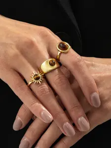 3-Piece Mele Style Tiger Eye Ring Set, Artificial Gemstone Sun Finger Rings, Daily Wear & Holiday Gift, Chainless Design