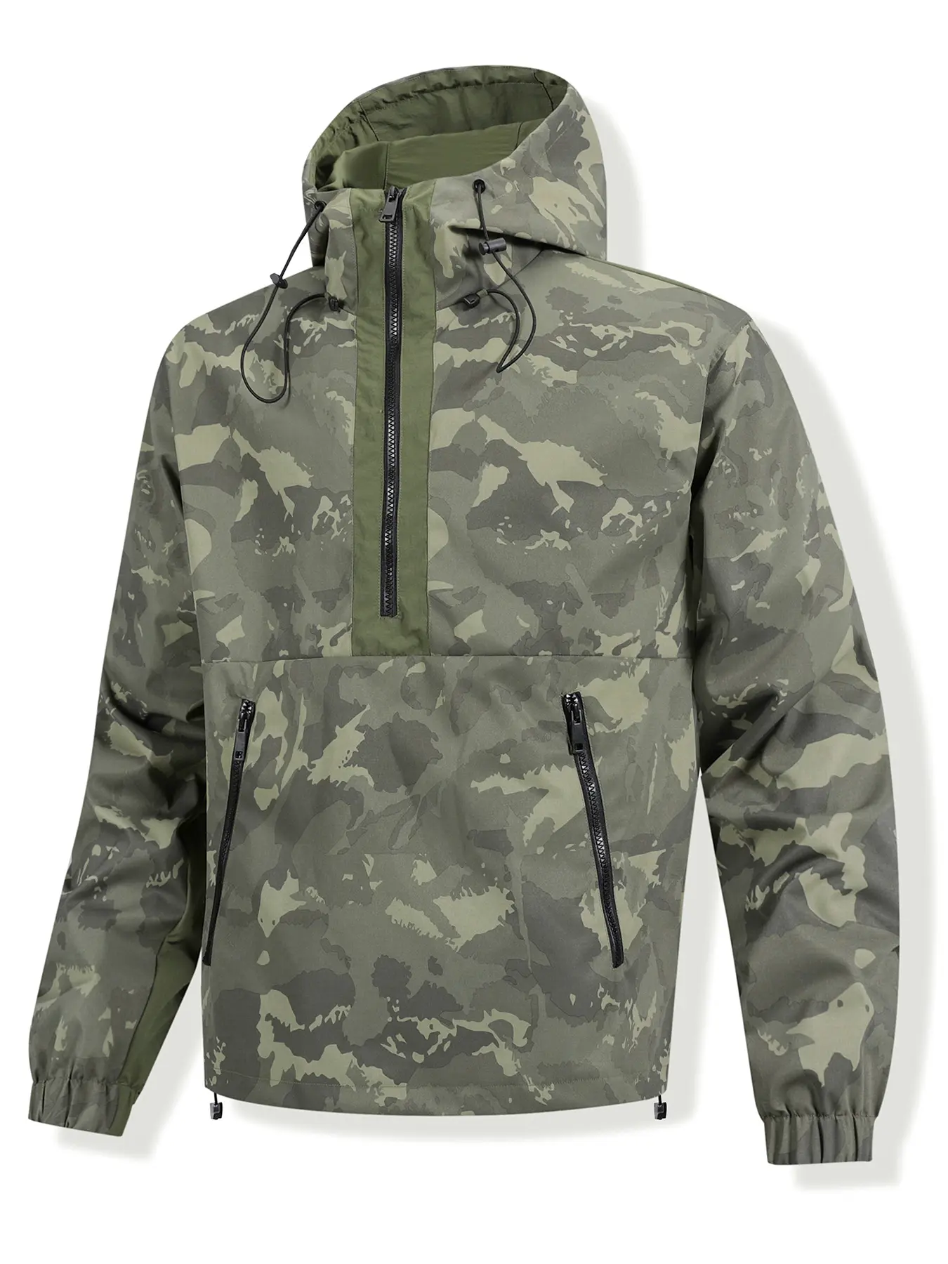 Men's Hooded Camo Half-Zip Jacket for Spring and Fall, Stylish Workwear Ideal for Hiking and Camping, Trendy Outdoor Apparel, Outdoor Zipper Jacket