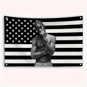 1pc T-Travis American Flag Banner - Heavy-Duty Fabric Garage, Office, Outdoor, Indoor Decoration - Black & White Stars - Easy Hang with Buttonholes - No Electricity Needed - Patriotic Decoration for Fourth of July, Sports Events - Ideal for Fans - Du