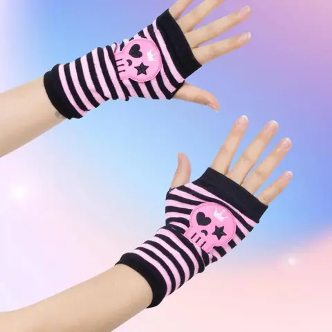 Women's Punk Style Skull Patched Design Gloves, Fashionable Striped Pattern Gloves for Fall & Winter, Casual Trendy Accessories for Daily Life, Halloween, Fingerless, Skeleton Glove, Gloves Warm, Gloves For Cold Weather