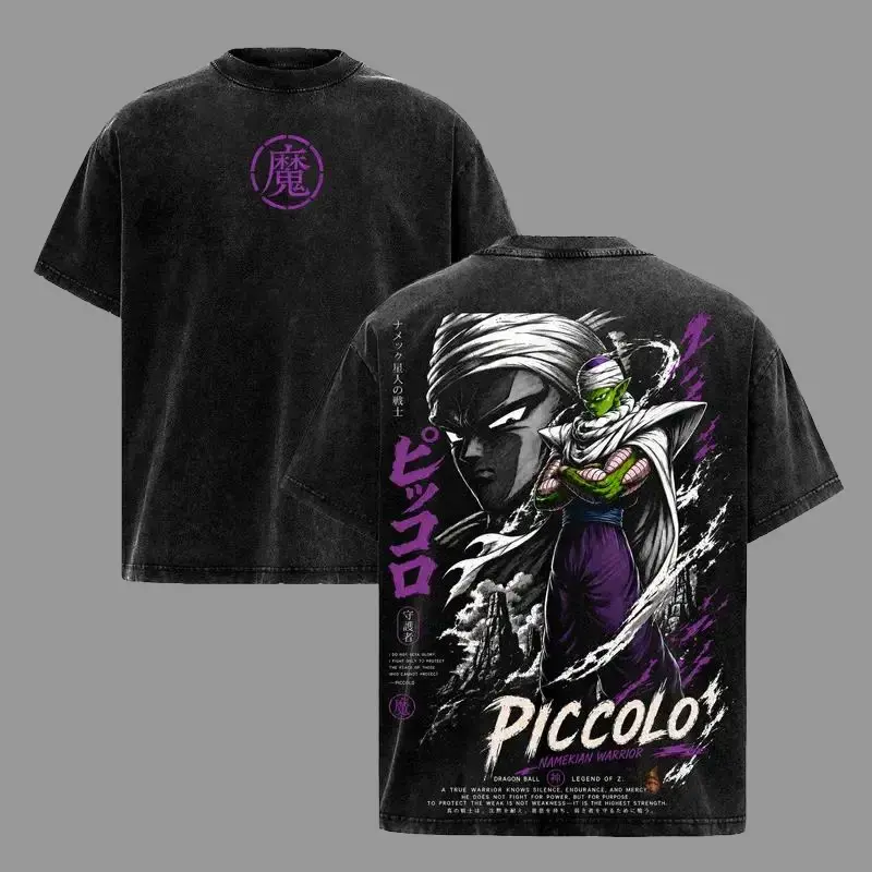 Men's Vintage Washed Dragon Ball Z Piccolo Graphic Oversized Short-Sleeve Tee, Unisex Namekian Warrior Anime Print Streetwear Casual Menswear Top, Y2K Anime Merch Crewneck Tshirt