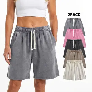ACTCITY 2Pack Acid Washed Womens Shorts 7" Inseam Shorts Athletic Vintage Short Acid Washed Shorts Cotton Heavyweight Elastic Waist Streetwear Sweatpants Unisex Design, Perfect for Men & Women