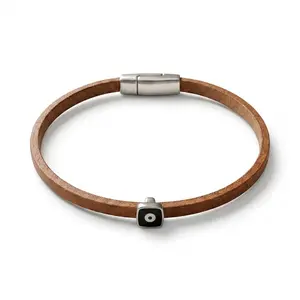 Men's Minimalist Leather Casual Bracelet - Silver Geometric Accent Charm, Magnetic Clasp Everyday Wristband Gift