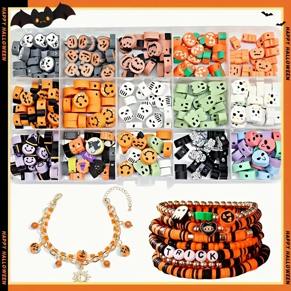 300pcs Halloween-Themed Clay Bead Assortment - 15 Styles Soft Air-Drying Craft Beads with Skulls, Mummies, Pumpkins, Bats, Witch Hats, Spiders - Safe, Durable, Vivid Color Supplies for Beaded Jewelry, Charms Making, DIY Beading Accessories