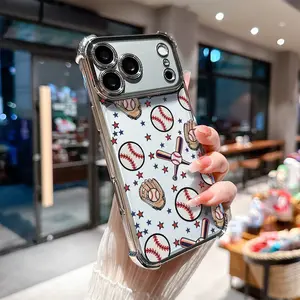 Phone Case for iPhone 17 Pro Max Air 16 15 14 13 12 11 Plus Baseball.Baseball gloves Pattern Four Corner Anti-Fall Phone Case Transparent Electroplated Protective Cover
