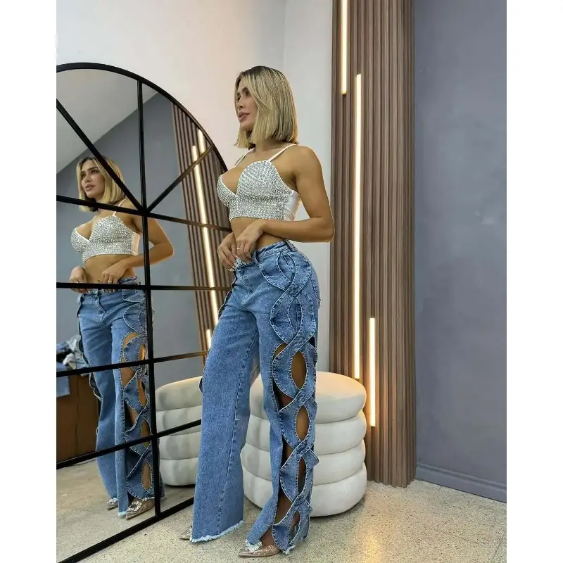 【Ameri 2025 S/S】WRAP DENIM WIDE PANTS summer spring clothes Women Streetwear Cutout Hollow Out Criss