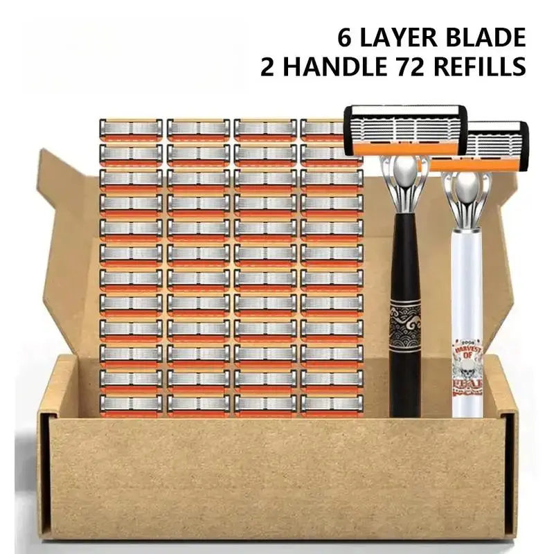 Manual Razor Set for Men, 74-Piece Classic Grooming Kit with 2 Handles and 72 Disposable Blades for a Smooth Shave, Precision Stainless Steel, for Adults, Bag, All, Stick, Metal