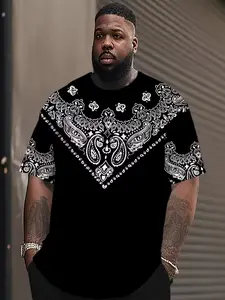 Men's Plus Size Summer T-Shirt, Lightweight Breathable Paisley Print Round Neck Short Sleeve, Casual Street Style Loose Fit
