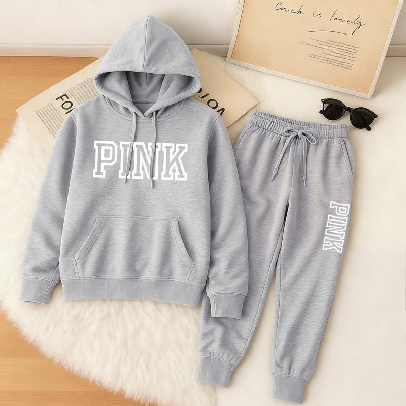 Women's Pink Print Hoodie And Drawstring Track Pants Set, Casual Sportswear, Long-Sleeved Hooded Jacket And Pants, Suitable For Autumn And Winter, Everyday Wear, Indoor And Outdoor Sportswear, Casual Sportswear.