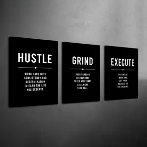 3 Counts Wood Framed Canvas Hustle Grind Execute Canvas Poster, Inspirational Wall Art, Motivational Office Decor, Entrepreneur Wall Art, Home Office Decor, Ready To Hang, Artwork Wall Painting For Gift, Wall Decor For Office, Bedroom, Living Room