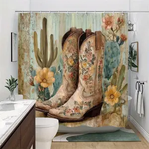 Western Floral Cowboy Boot Shower Curtain, Vintage Country Style, Decorative Bathroom, Add Personal Charm, Suitable for Rustic Home Decor
