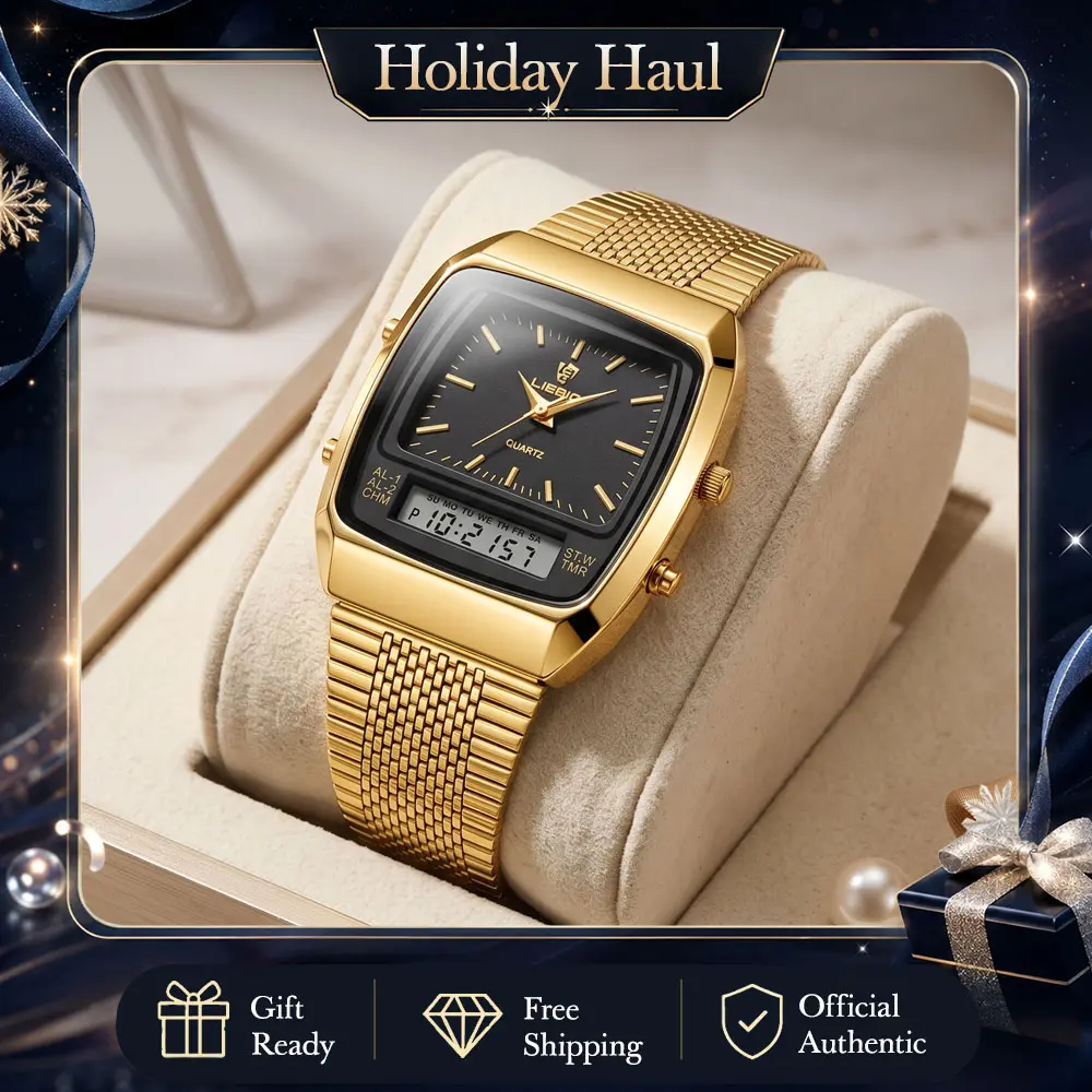 LIEBIG Women's 34.5mm Oval Digital-Analog Quartz Watch, Roman Numeral Retro Style, Steel Strap with Clasp, Alloy Build, Dual Time Zone, 30-50m Waterproof, Scratch-Resistant, Alarm, Timing, Dayofweek Display, Comfortable Day-Wear Fashion Accessory, Watches